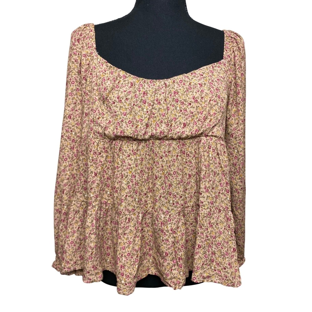 Becool Women Pink Floral Smocked Tiered Babydoll Blouse Top Large 18208